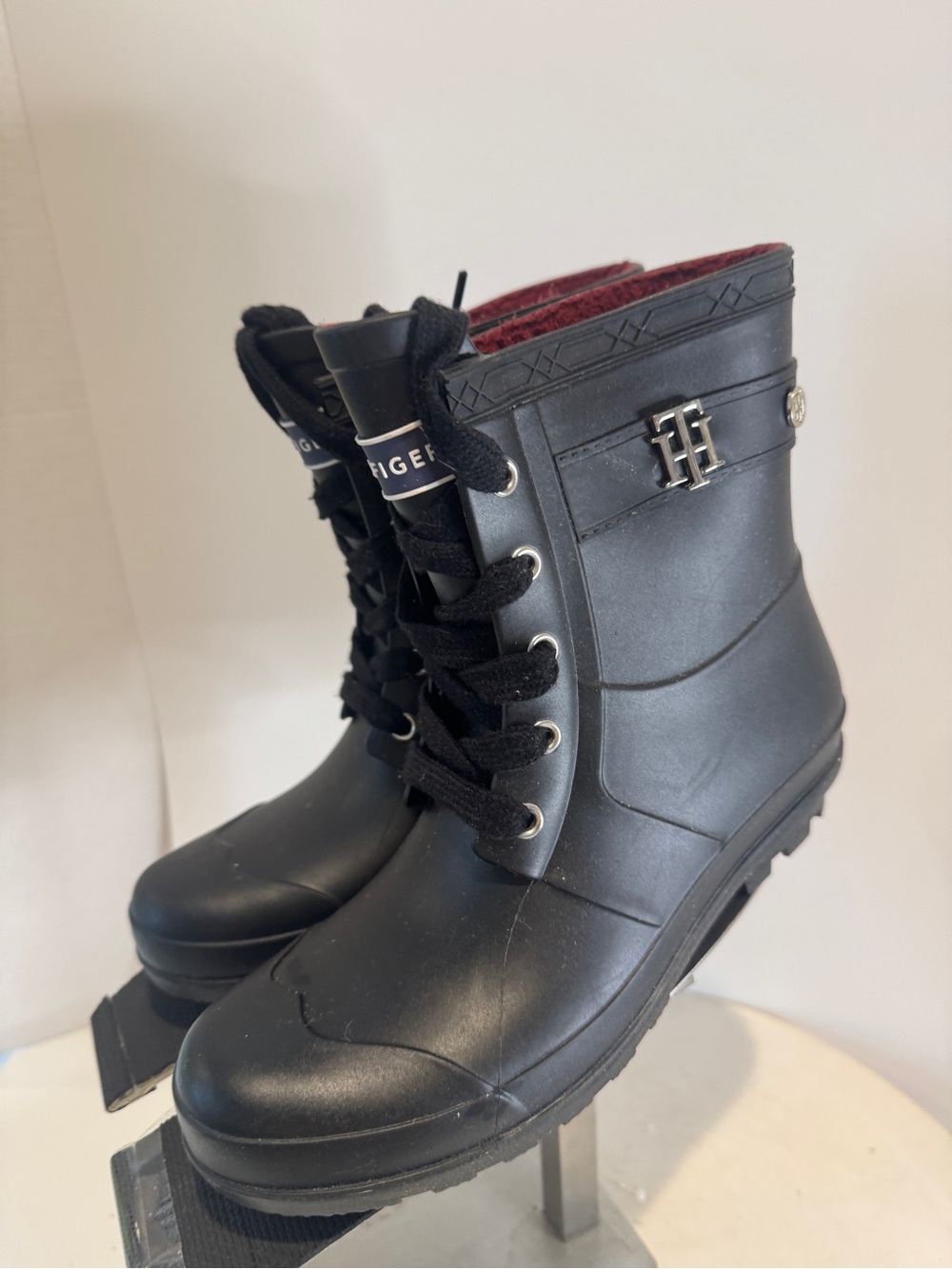 Tommy Hilfiger Black Lace-Up Rain Boots size 7 NEW